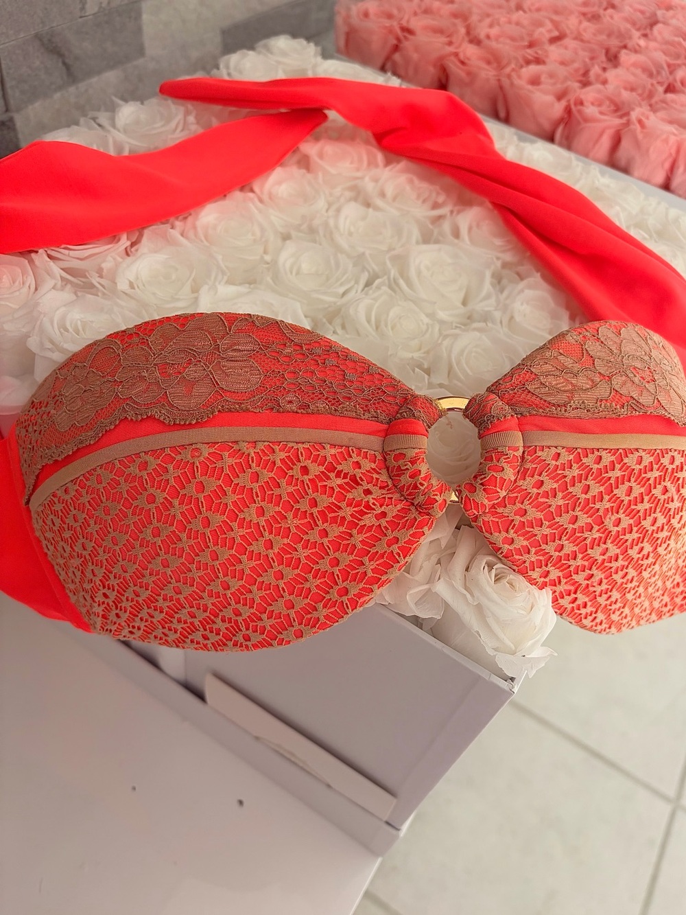 Beach Bunny Neon Coral Lace Bandeau  S